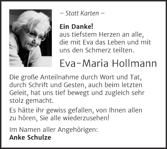 Traueranzeige von Eva-Maria Hollmann von Trauerkombi Dessau