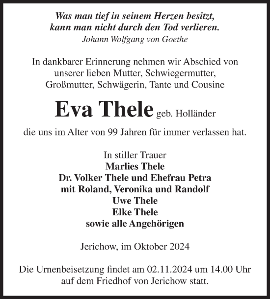 Traueranzeige von Eva Thee von Volksstimme Burg/Genthin