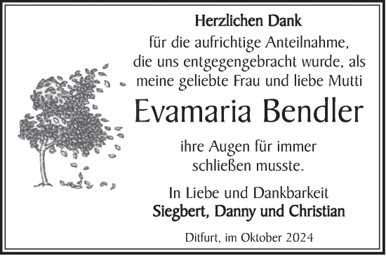 Traueranzeige von Evamaria Bendler von Trauerkombi Quedlinburg