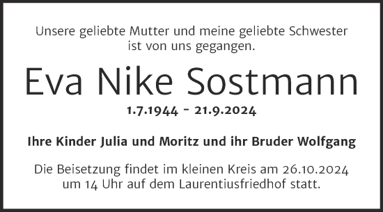 Traueranzeige von Eva Nike Sostmann von Mitteldeutsche Zeitung Halle/Saalkreis