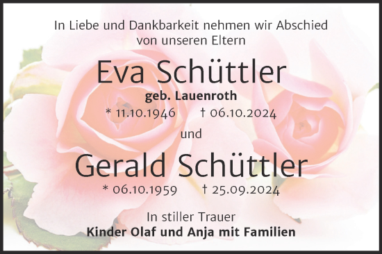 Traueranzeige von Eva und Gerald Schüttler von Trauerkombi Bernburg