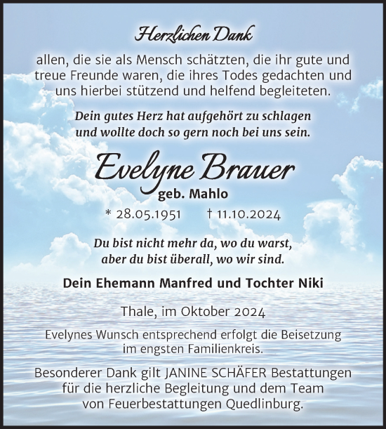Traueranzeige von Evelyne Brauer von Trauerkombi Quedlinburg