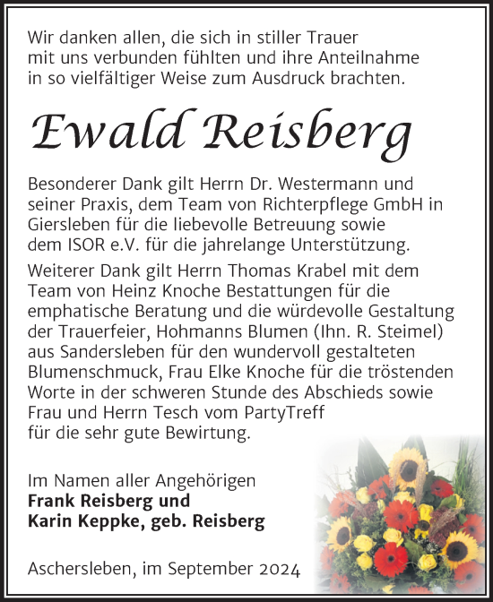 Traueranzeige von Ewald Reisberg von Trauerkombi Aschersleben