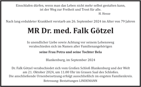 Traueranzeige von Falk Götzel von Volksstimme Wernigerode