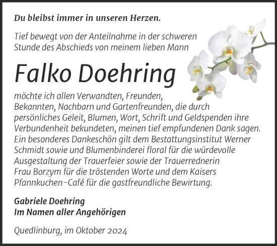 Traueranzeige von Falko Doehring von Trauerkombi Quedlinburg