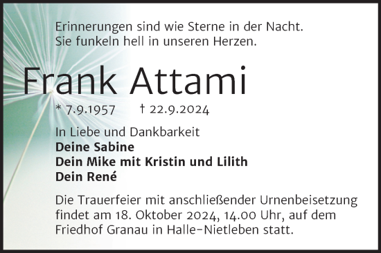 Traueranzeige von Frank Attami von Mitteldeutsche Zeitung Halle/Saalkreis