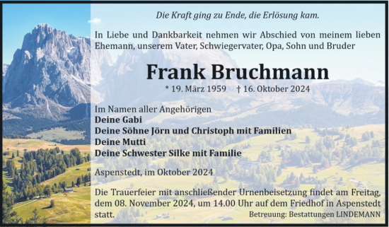 Traueranzeige von Frank Bruchmann von Volksstimme Halberstadt