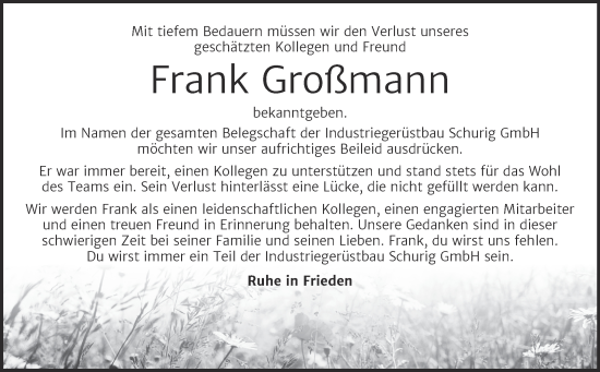Traueranzeige von Frank Großmann von Super Sonntag Bernburg