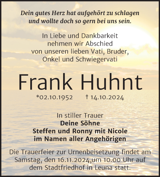 Traueranzeige von Frank Huhnt von Trauerkombi Merseburg