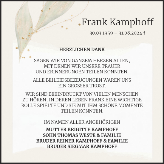 Traueranzeige von Frank Kamphoff von Trauerkombi Weißenfels