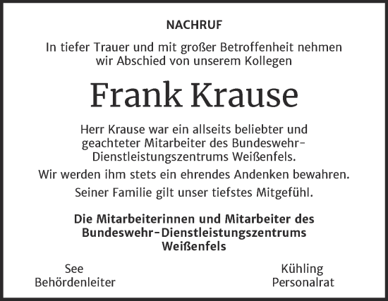 Traueranzeige von Frank Krause von Mitteldeutsche Zeitung Weißenfels