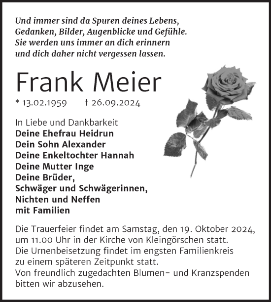 Traueranzeige von Frank Meier von Trauerkombi Weißenfels
