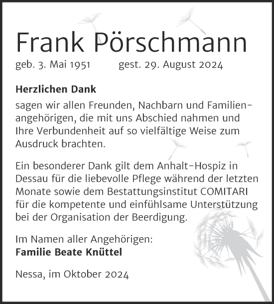 Traueranzeige von Frank Pörschmann von Trauerkombi Weißenfels