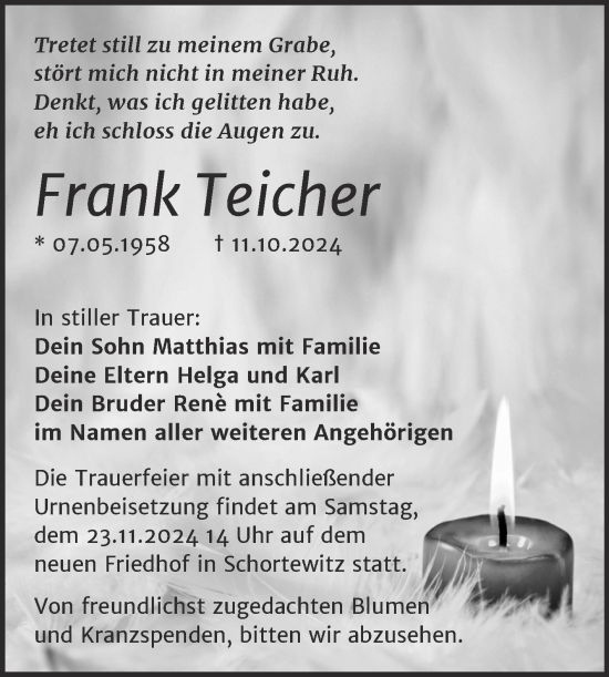Traueranzeige von Frank Teicher von Trauerkombi Bitterfeld