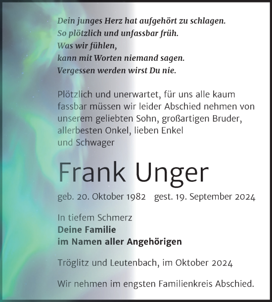Traueranzeige von Frank Unger von Trauerkombi Zeitz