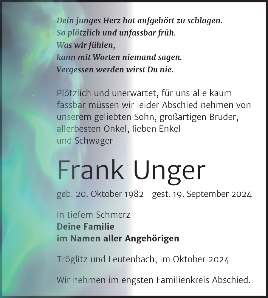  Traueranzeige für Frank Unger vom 05.10.2024 aus Trauerkombi Zeitz