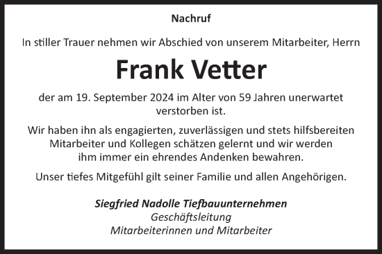 Traueranzeige von Frank Vetter 