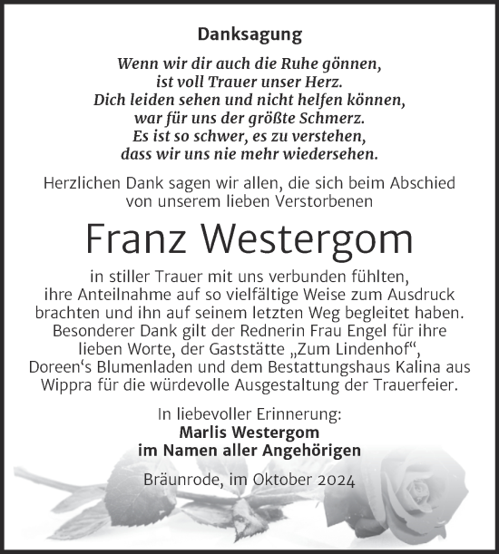 Traueranzeige von Franz Westergom von Trauerkombi Mansfelder Land