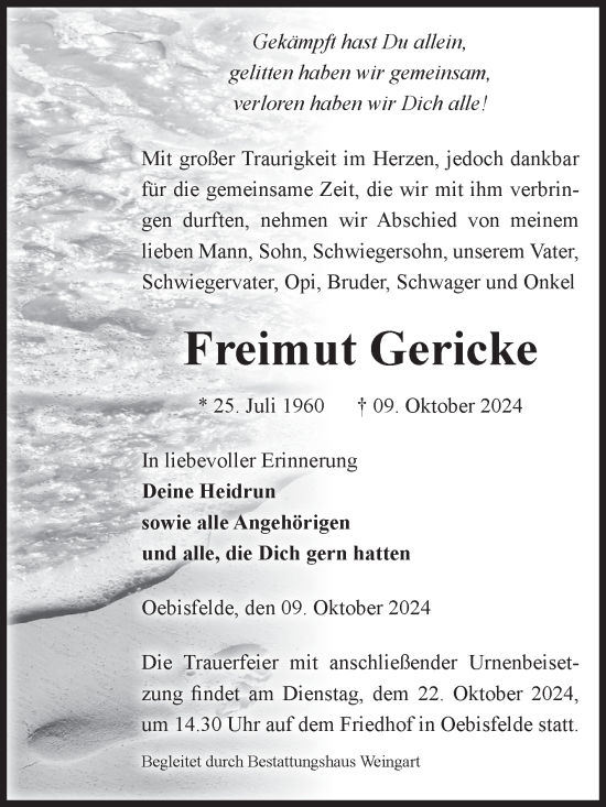 Traueranzeige von Freimut Gericke von Volksstimme Altmark West