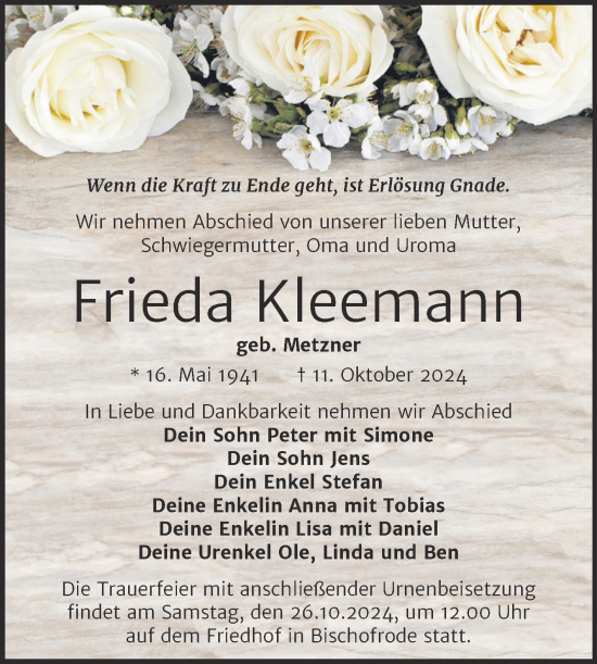 Traueranzeige von Frieda Kleemann von Trauerkombi Mansfelder Land