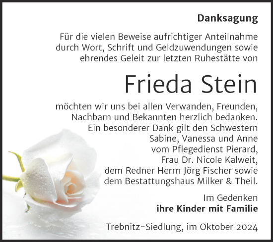 Traueranzeige von Frieda Stein von Trauerkombi Weißenfels