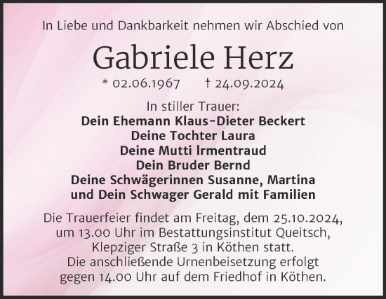 Traueranzeige von Gabriele Herz von Trauerkombi Köthen