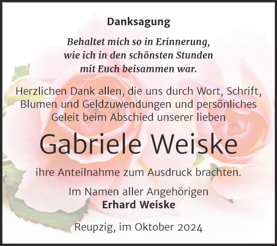 Traueranzeige von Gabriele Weiske von Trauerkombi Köthen