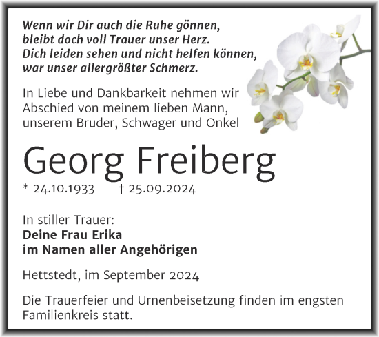Traueranzeige von Georg Freiberg von Trauerkombi Mansfelder Land