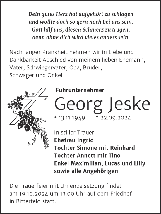 Traueranzeige von Georg Jeske von Trauerkombi Bitterfeld