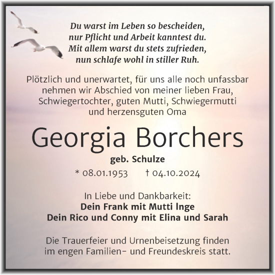 Traueranzeige von Georgia Borchers von Trauerkombi Mansfelder Land