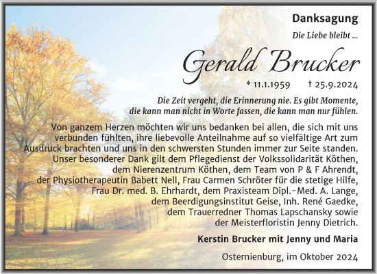 Traueranzeige von Gerald Brucker von Trauerkombi Köthen