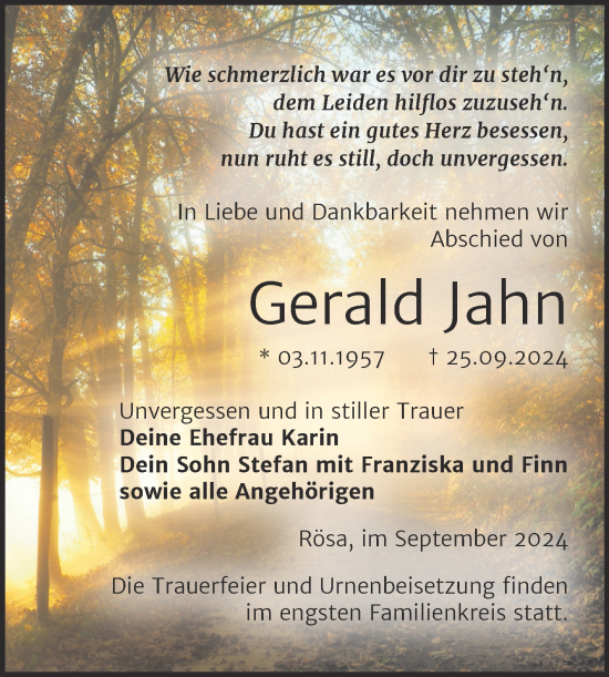 Traueranzeige von Gerald Jahn von Trauerkombi Bitterfeld