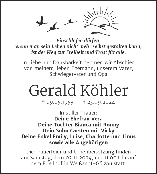 Traueranzeige von Gerald Köhler von Trauerkombi Köthen