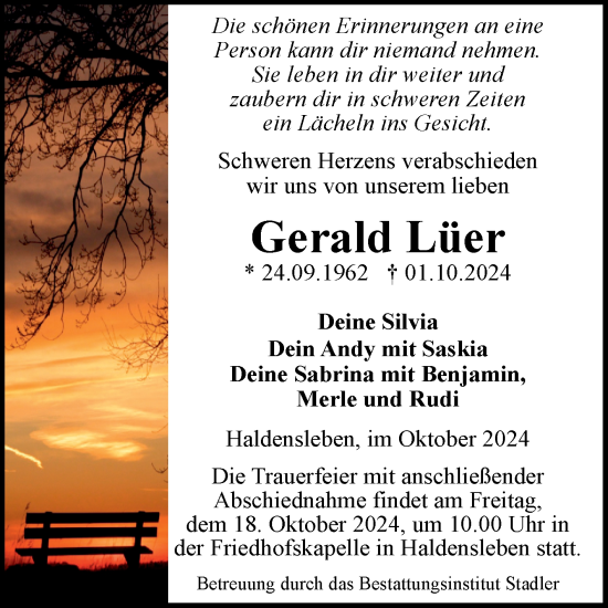 Traueranzeige von Gerald Lüer von Volksstimme Haldensleben/Wolmirstedt