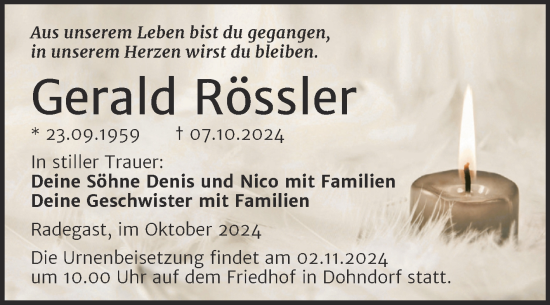 Traueranzeige von Gerald Rössler von Trauerkombi Köthen