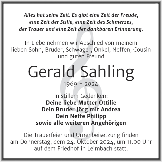 Traueranzeige von Gerald Sahling von Trauerkombi Mansfelder Land