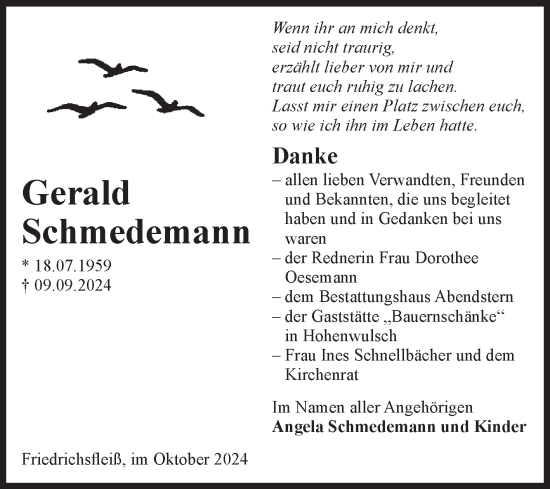 Traueranzeige von Gerald Schmedemann von Volksstimme Altmark Ost