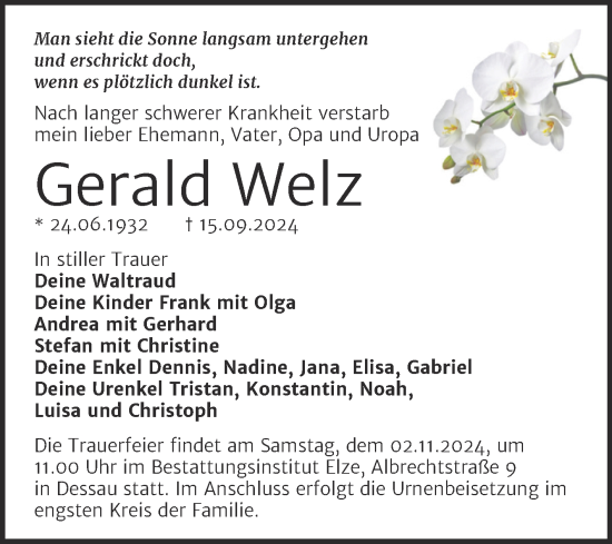 Traueranzeige von Gerald Welz von Trauerkombi Dessau