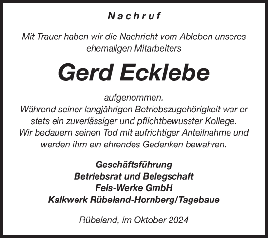 Traueranzeige von Gerd Ecklebe von Volksstimme Wernigerode