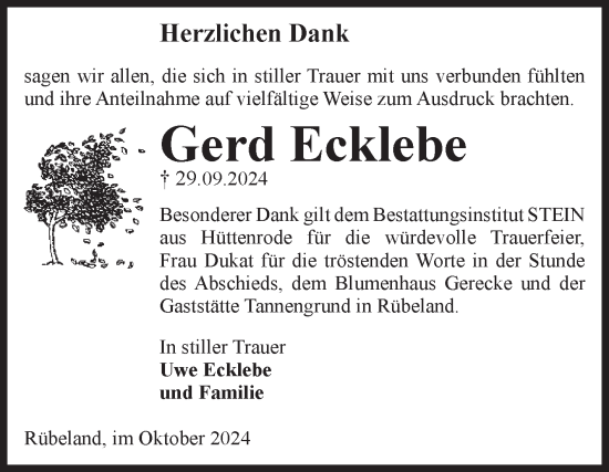 Traueranzeige von Gerd Ecklebe von Volksstimme Wernigerode