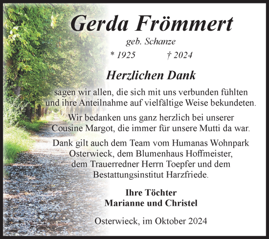 Traueranzeige von Gerda Frömmert von Volksstimme Halberstadt