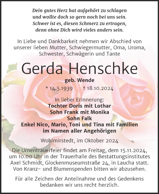 Traueranzeige von Gerda Henschke von Naumburger Tageblatt