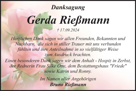 Traueranzeige von Gerda Rießmann von Volksstimme Zerbst