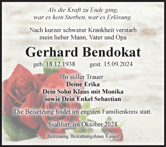 Traueranzeige von Gerhard Bendokat von Volksstimme Staßfurt