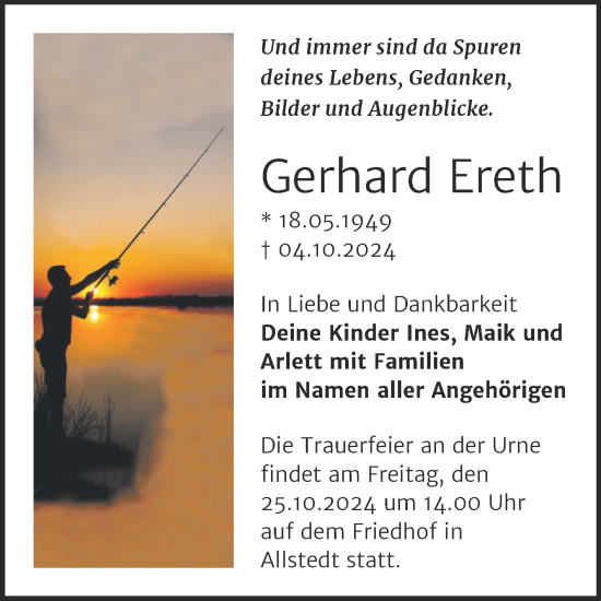 Traueranzeige von Gerhard Ereth von Trauerkombi Sangerhausen