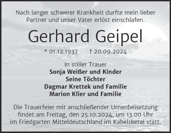 Traueranzeige von Gerhard Geipel von Mitteldeutsche Zeitung Halle/Saalkreis