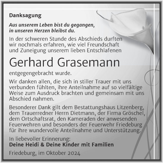 Traueranzeige von Gerhard Grasemann von Trauerkombi Mansfelder Land
