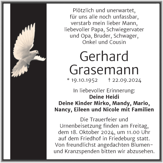 Traueranzeige von Gerhard Grasemann von Trauerkombi Mansfelder Land
