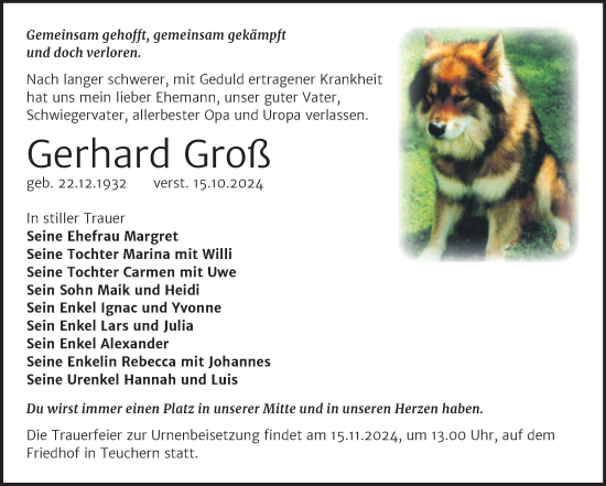 Traueranzeige von Gerhard Groß von Trauerkombi Weißenfels