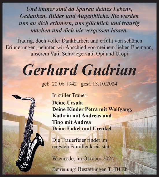 Traueranzeige von Gerhard Gudrian von Volksstimme Wernigerode